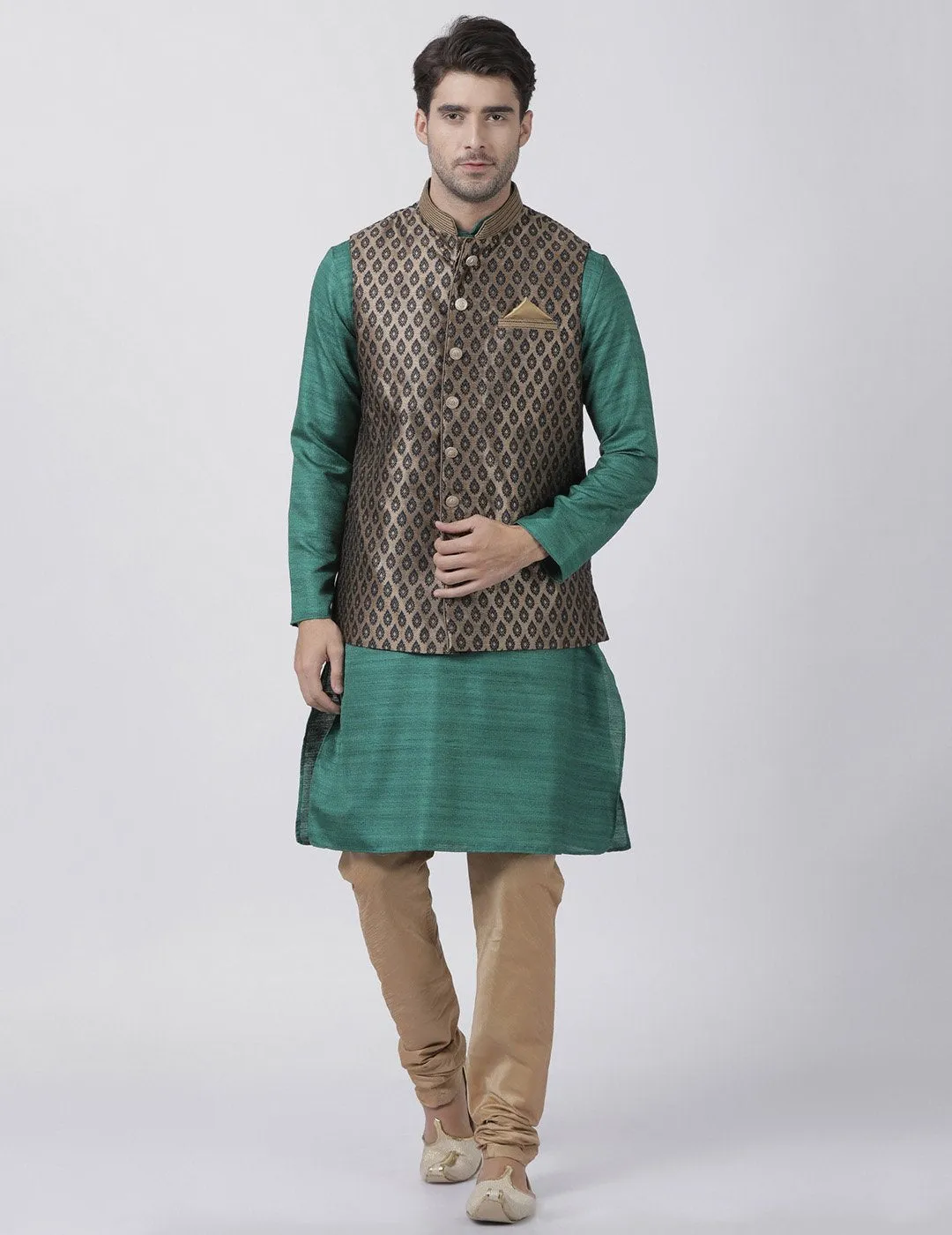 VASTRAMAY Men's Green Cotton Silk Blend Kurta, Ethnic Jacket and Pyjama Set