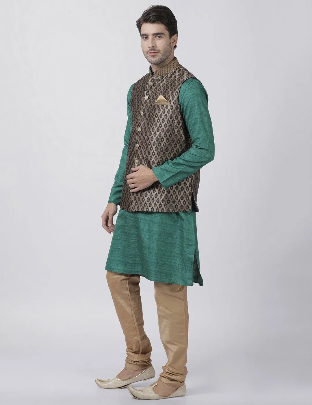 VASTRAMAY Men's Green Cotton Silk Blend Kurta, Ethnic Jacket and Pyjama Set