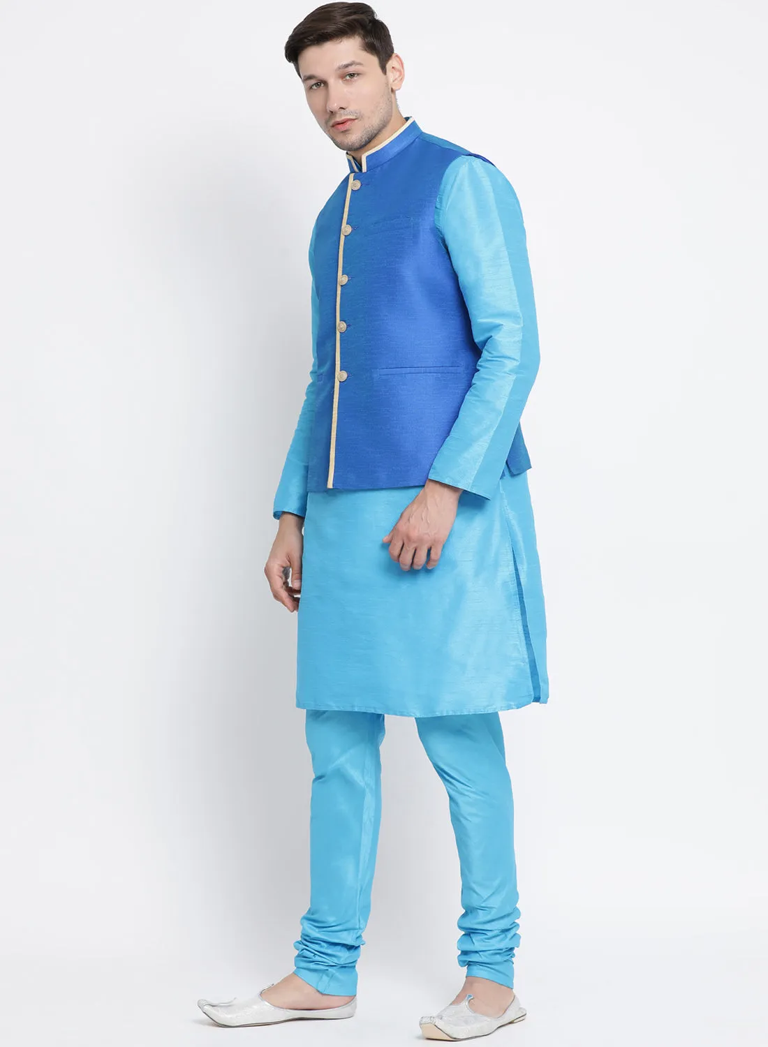 VASTRAMAY Men's Light Blue Cotton Silk Blend Kurta, Ethnic Jacket and Pyjama Set