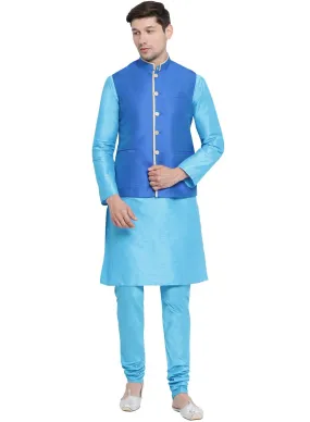 VASTRAMAY Men's Light Blue Cotton Silk Blend Kurta, Ethnic Jacket and Pyjama Set