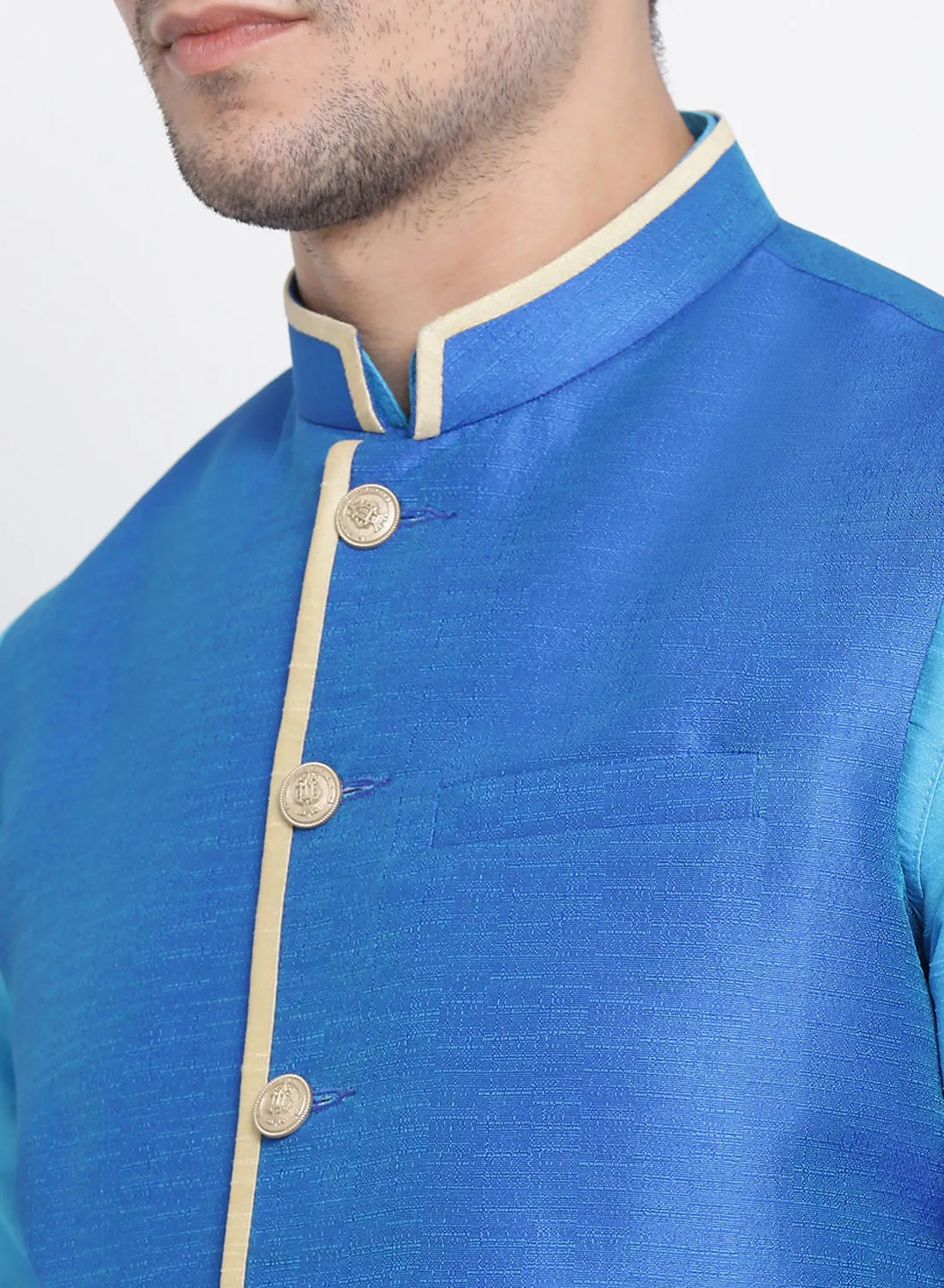 VASTRAMAY Men's Light Blue Cotton Silk Blend Kurta, Ethnic Jacket and Pyjama Set