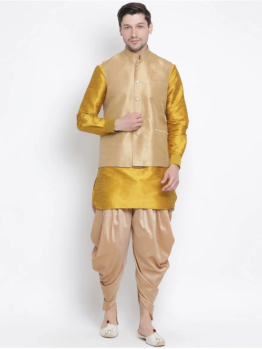 VASTRAMAY Men's Yellow Cotton Silk Blend Ethnic Jacket, Kurta and Dhoti Pant Set