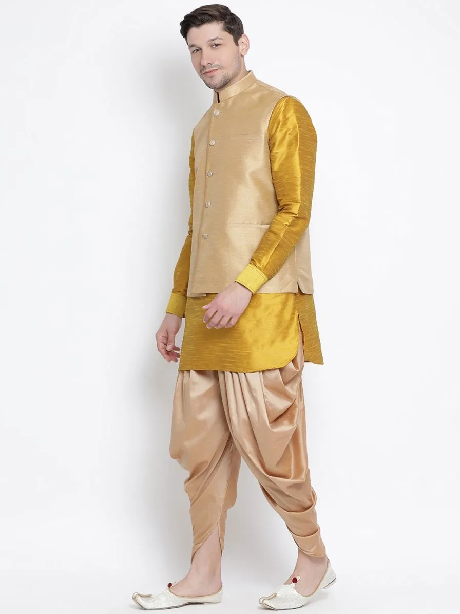 VASTRAMAY Men's Yellow Cotton Silk Blend Ethnic Jacket, Kurta and Dhoti Pant Set