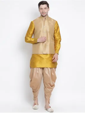 VASTRAMAY Men's Yellow Cotton Silk Blend Ethnic Jacket, Kurta and Dhoti Pant Set