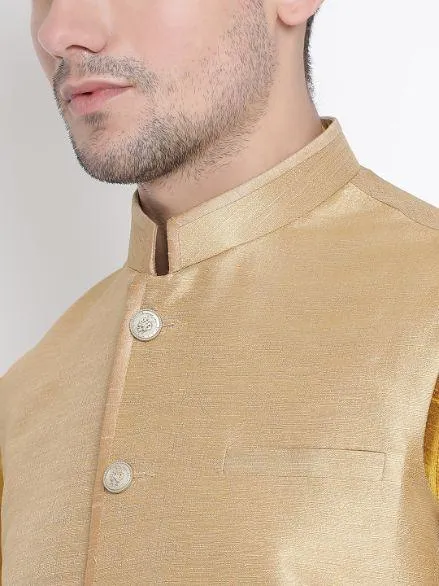 VASTRAMAY Men's Yellow Cotton Silk Blend Ethnic Jacket, Kurta and Dhoti Pant Set