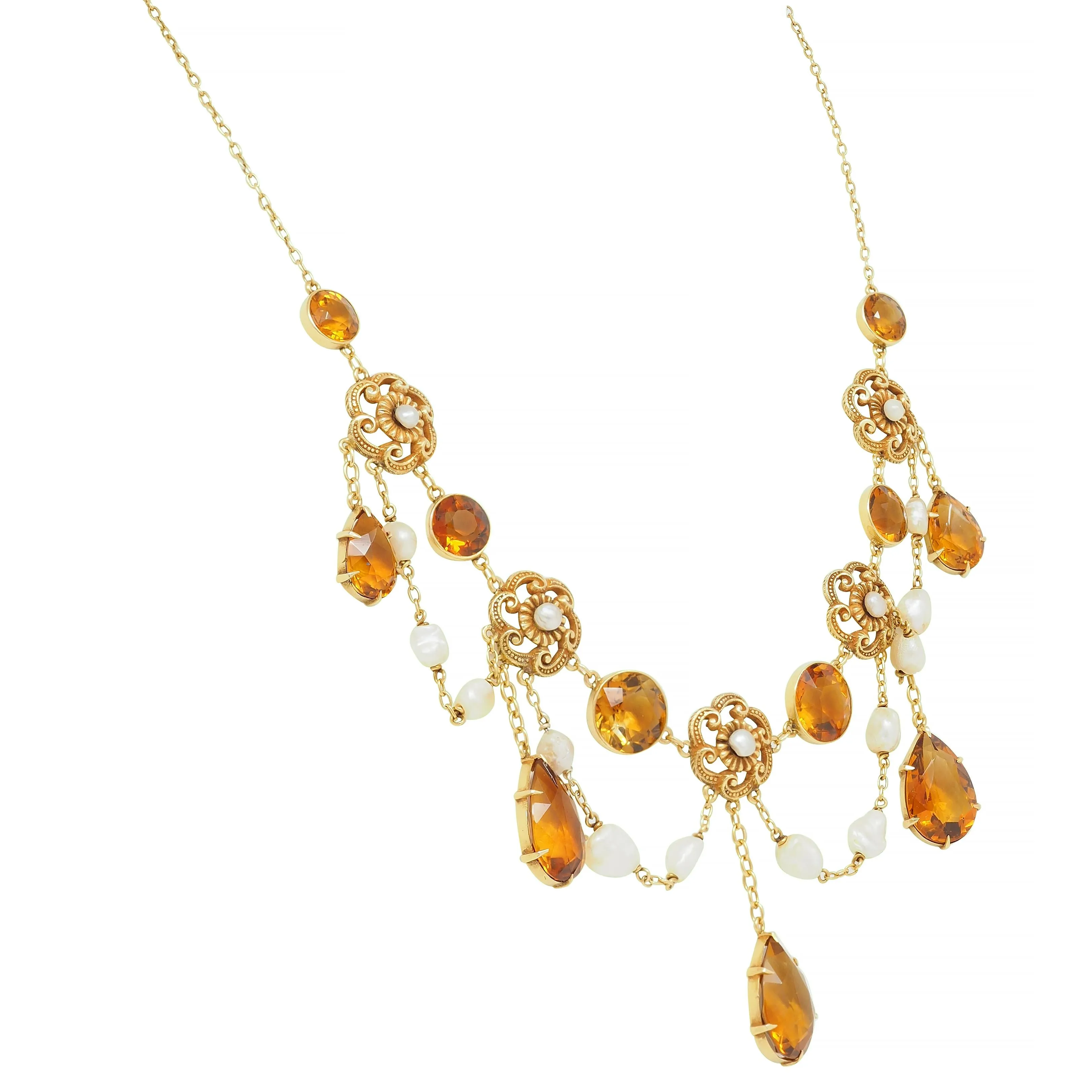 Victorian 23.72 CTW Citrine Pearl 14 Karat Yellow Gold Swagged Antique Station Necklace