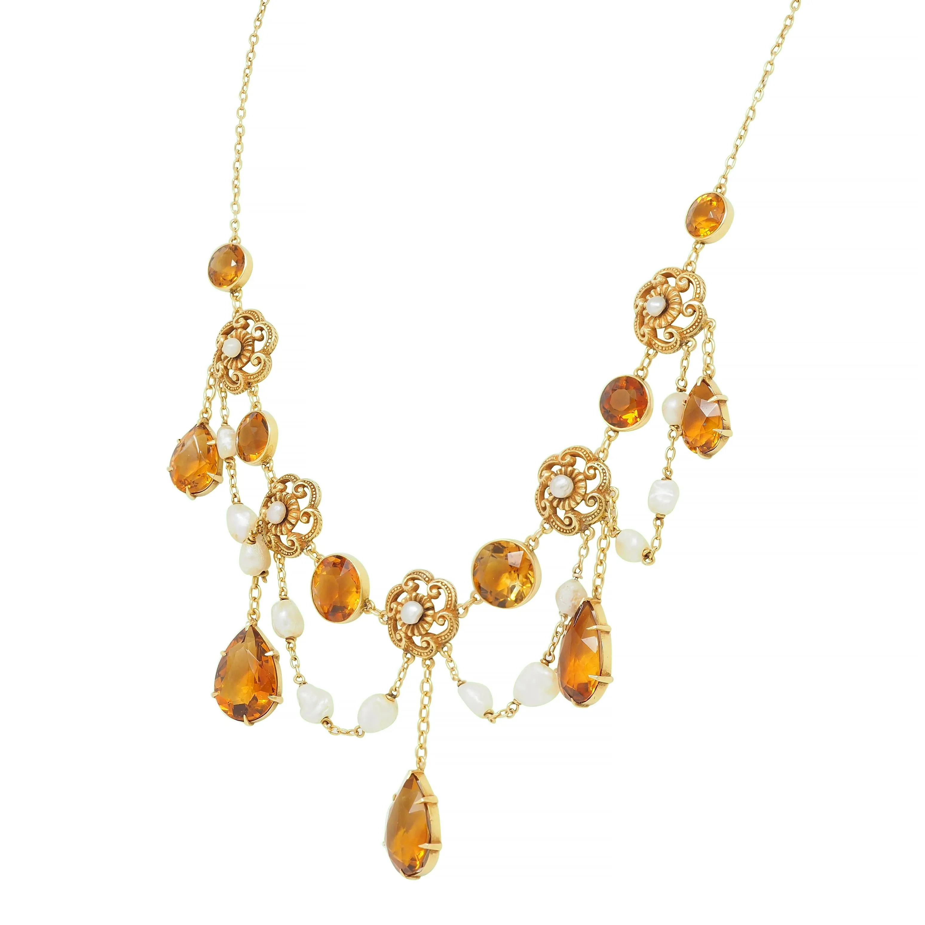 Victorian 23.72 CTW Citrine Pearl 14 Karat Yellow Gold Swagged Antique Station Necklace