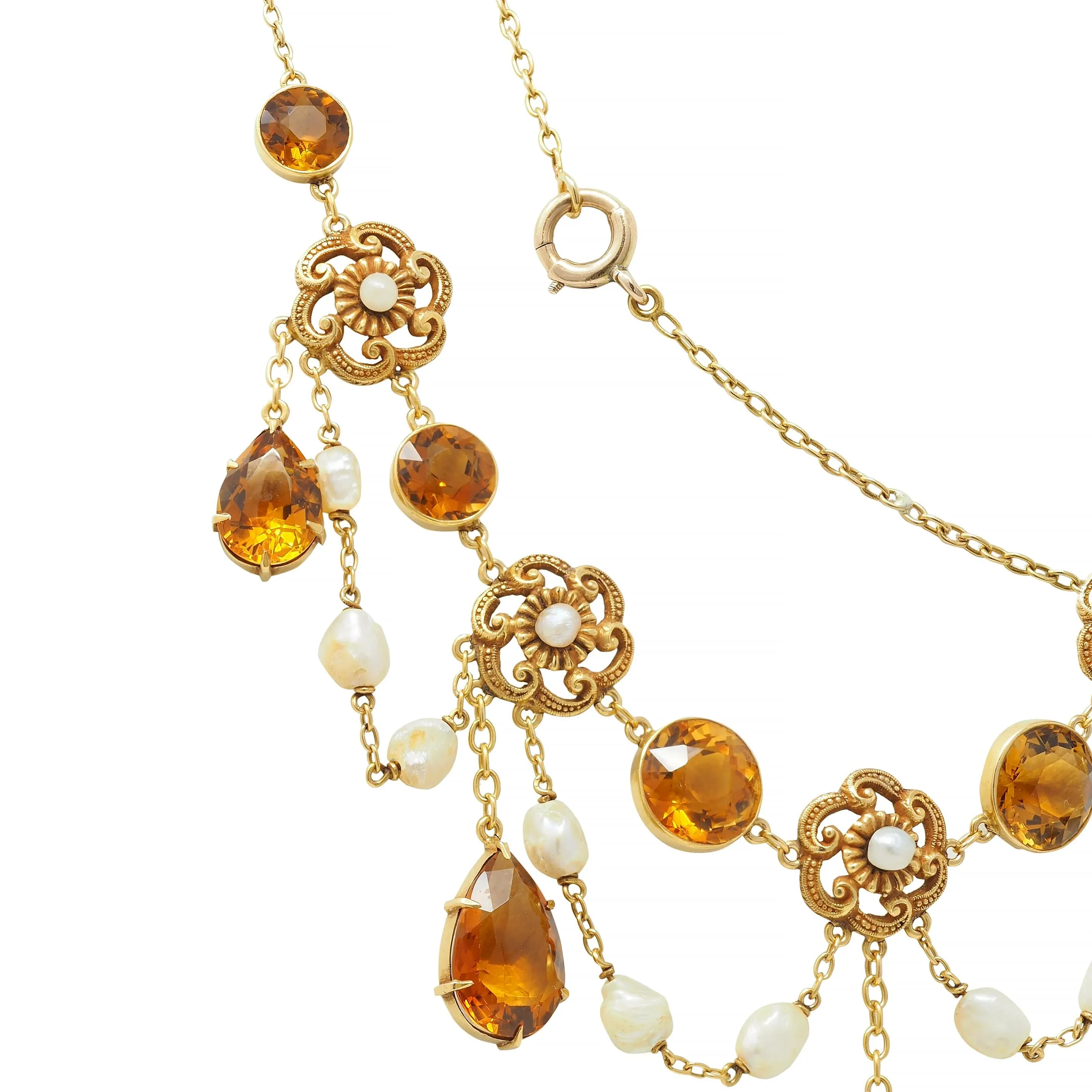 Victorian 23.72 CTW Citrine Pearl 14 Karat Yellow Gold Swagged Antique Station Necklace