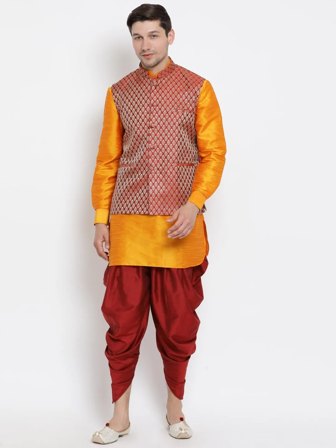 VM By VASTRAMAY Men's Maroon Silk Blend Jacket With Curved Kurta Dhoti Set