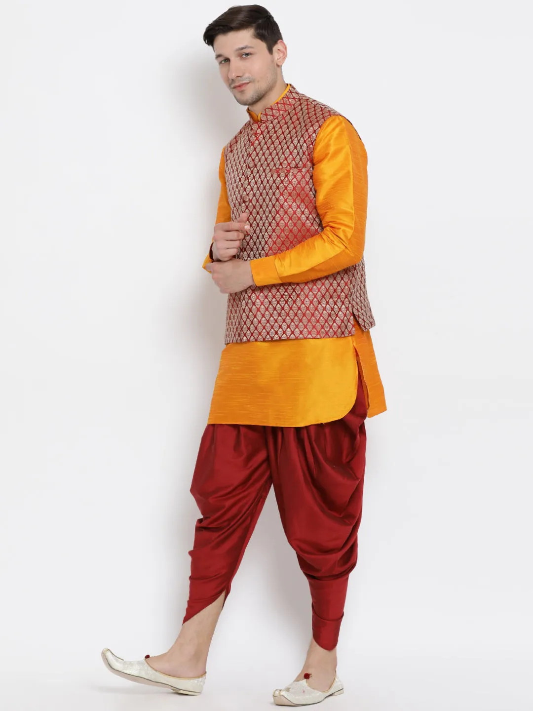 VM By VASTRAMAY Men's Maroon Silk Blend Jacket With Curved Kurta Dhoti Set