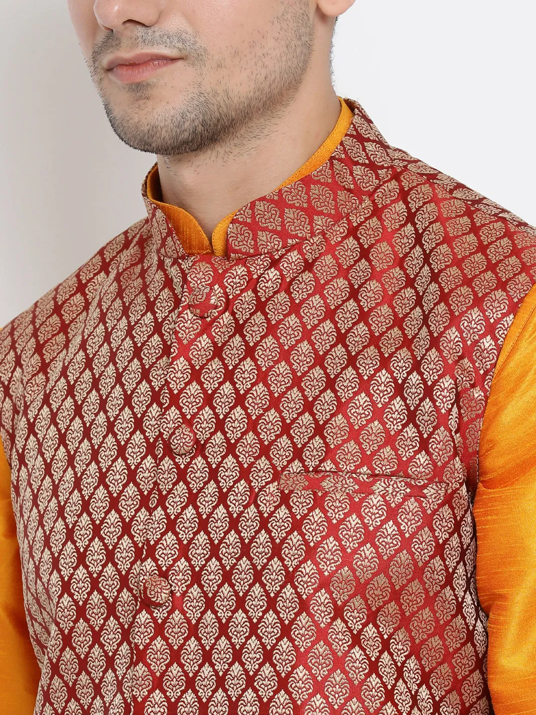 VM By VASTRAMAY Men's Maroon Silk Blend Jacket With Curved Kurta Dhoti Set