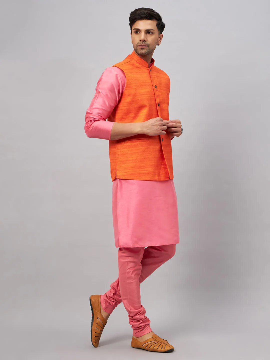 VM BY VASTRAMAY Men's Orange Jacket With Pink Kurta And Pyjama Set