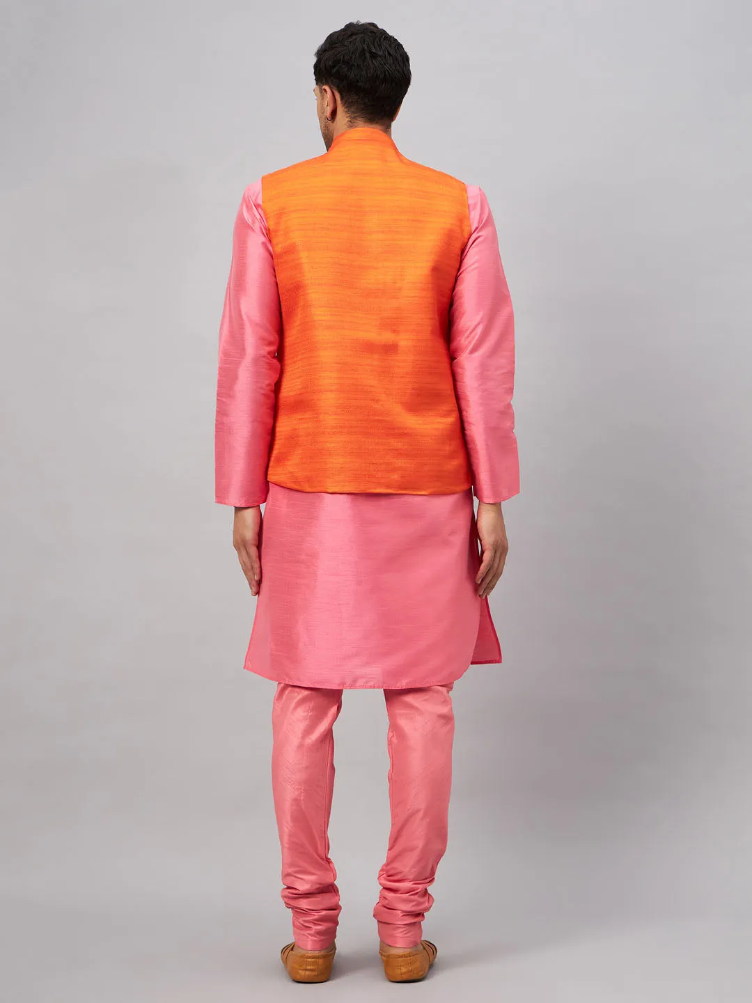 VM BY VASTRAMAY Men's Orange Jacket With Pink Kurta And Pyjama Set