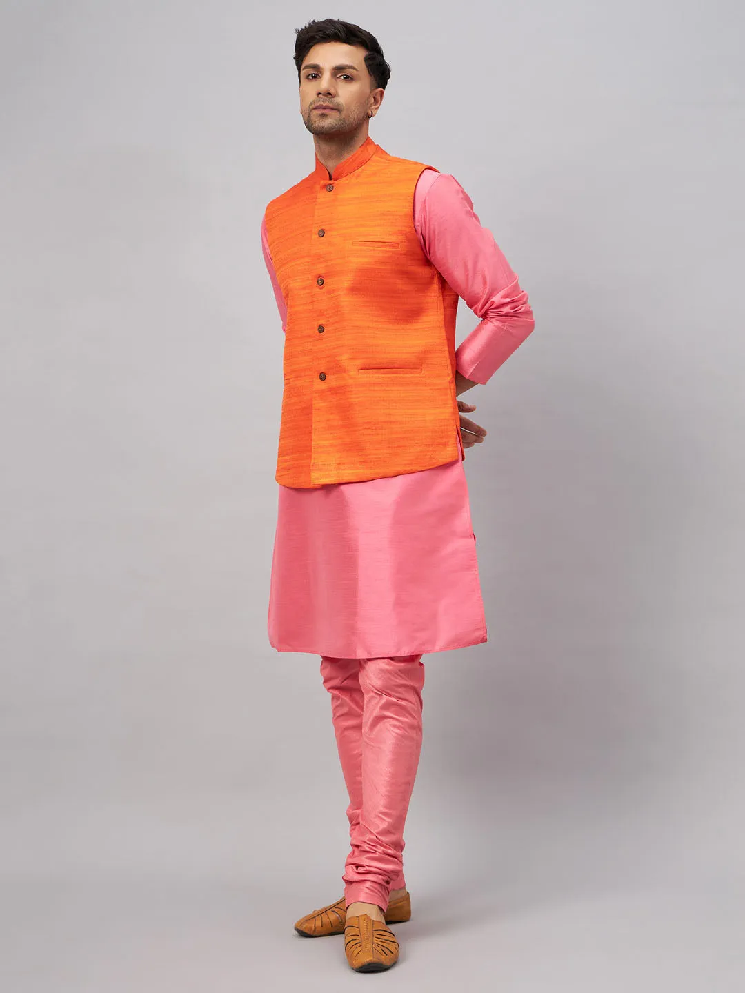 VM BY VASTRAMAY Men's Orange Jacket With Pink Kurta And Pyjama Set