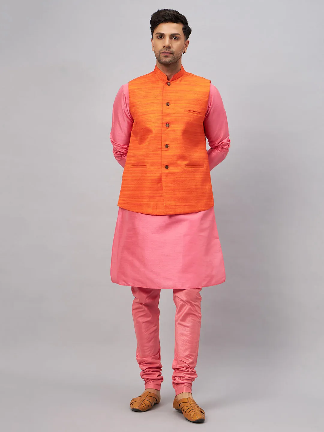 VM BY VASTRAMAY Men's Orange Jacket With Pink Kurta And Pyjama Set