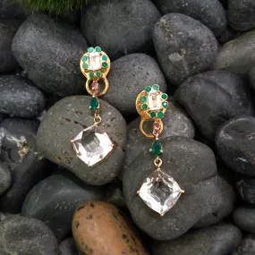 White Topaz & Green Agate stud with Rhodolite Garnet, Green Agate  & Clear Quartz Twinset Earrings