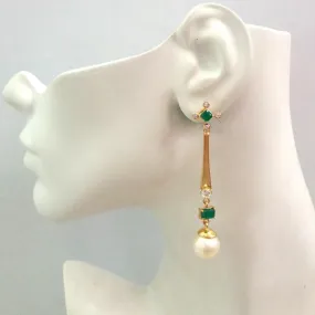 White Topaz and Green Agate Stud with White Topaz, Green Agate and South Sea Pearl Detachable Twinset Earrings