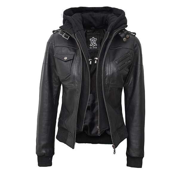 Womens Hooded Leather Jacket | Women bomber Jacket