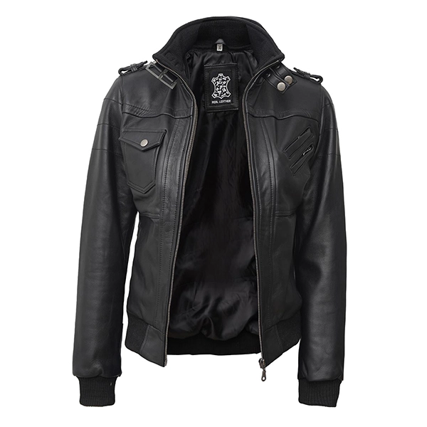 Womens Hooded Leather Jacket | Women bomber Jacket