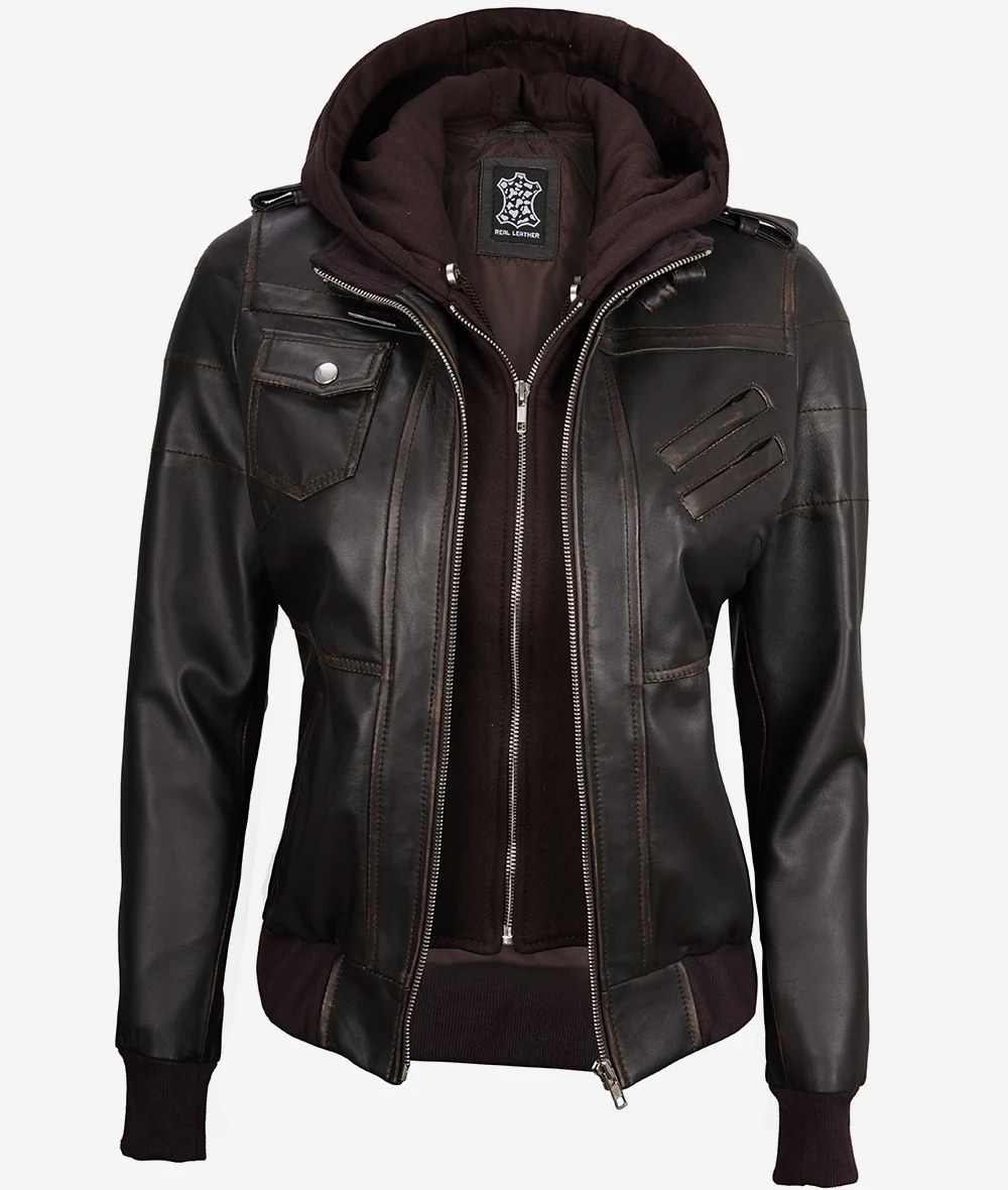 Womens Rub Off Brown Hooded Bomber Leather Jacket