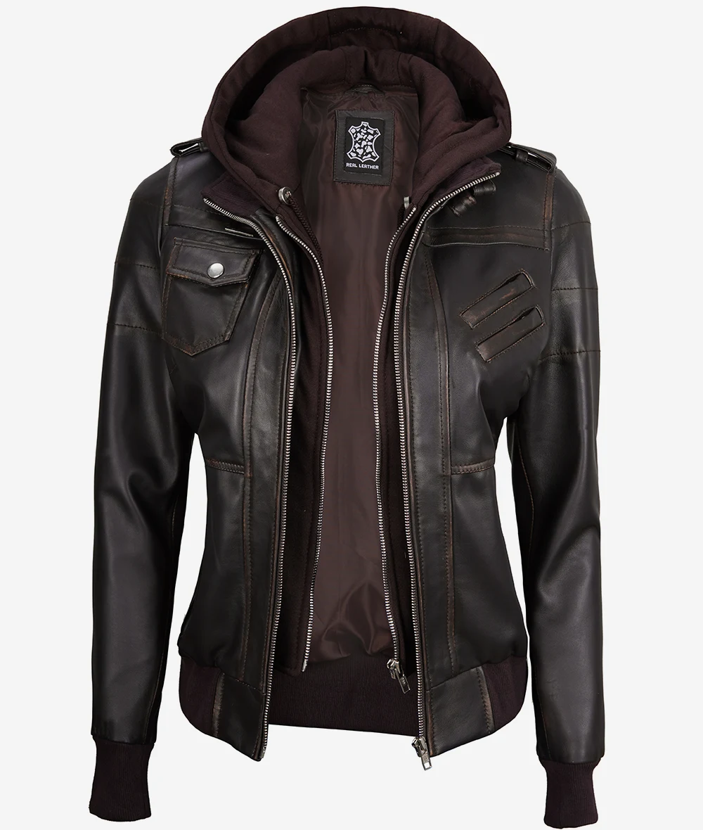 Womens Rub Off Brown Hooded Bomber Leather Jacket