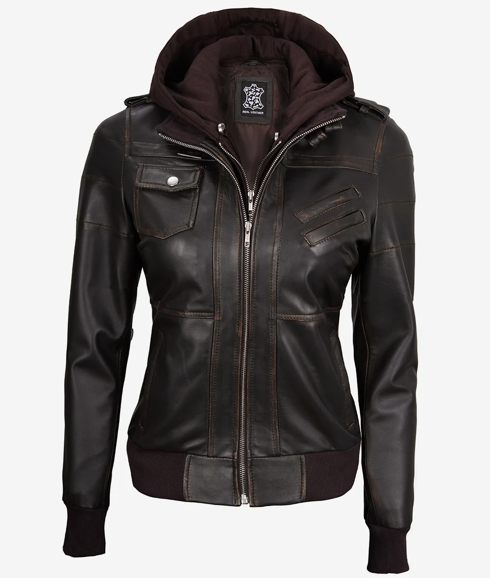 Womens Rub Off Brown Hooded Bomber Leather Jacket