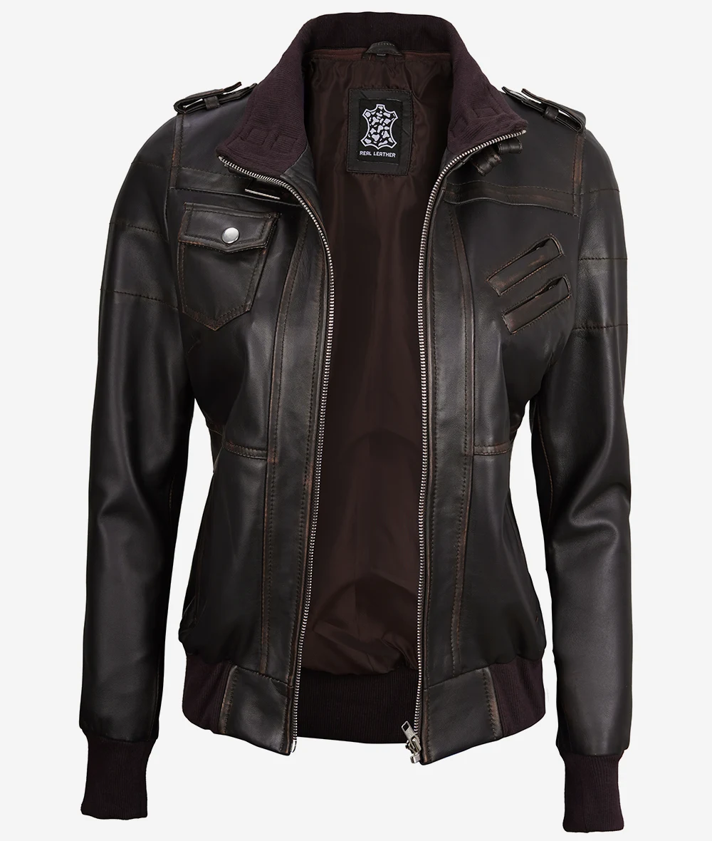 Womens Rub Off Brown Hooded Bomber Leather Jacket