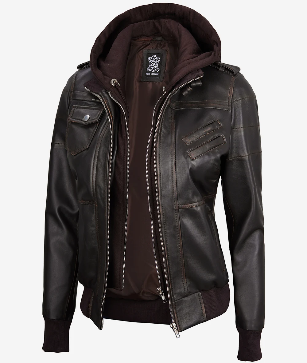 Womens Rub Off Brown Hooded Bomber Leather Jacket