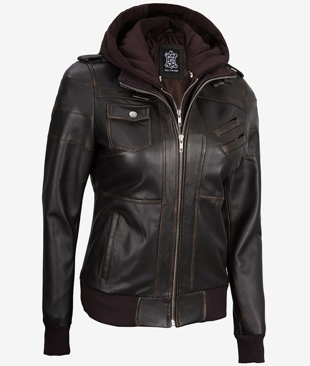 Womens Rub Off Brown Hooded Bomber Leather Jacket